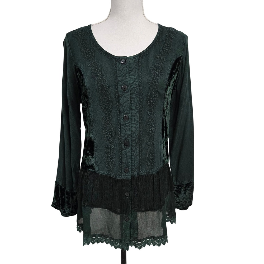 Soft Surroundings Green Velvet Embroidered Lace Tunic Top Women's Size M/Petite